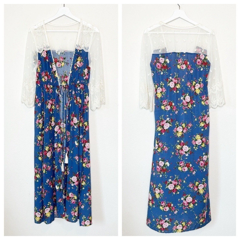 Tassels n Lace Blue Floral Lace Tie Waist Duster Kimono S